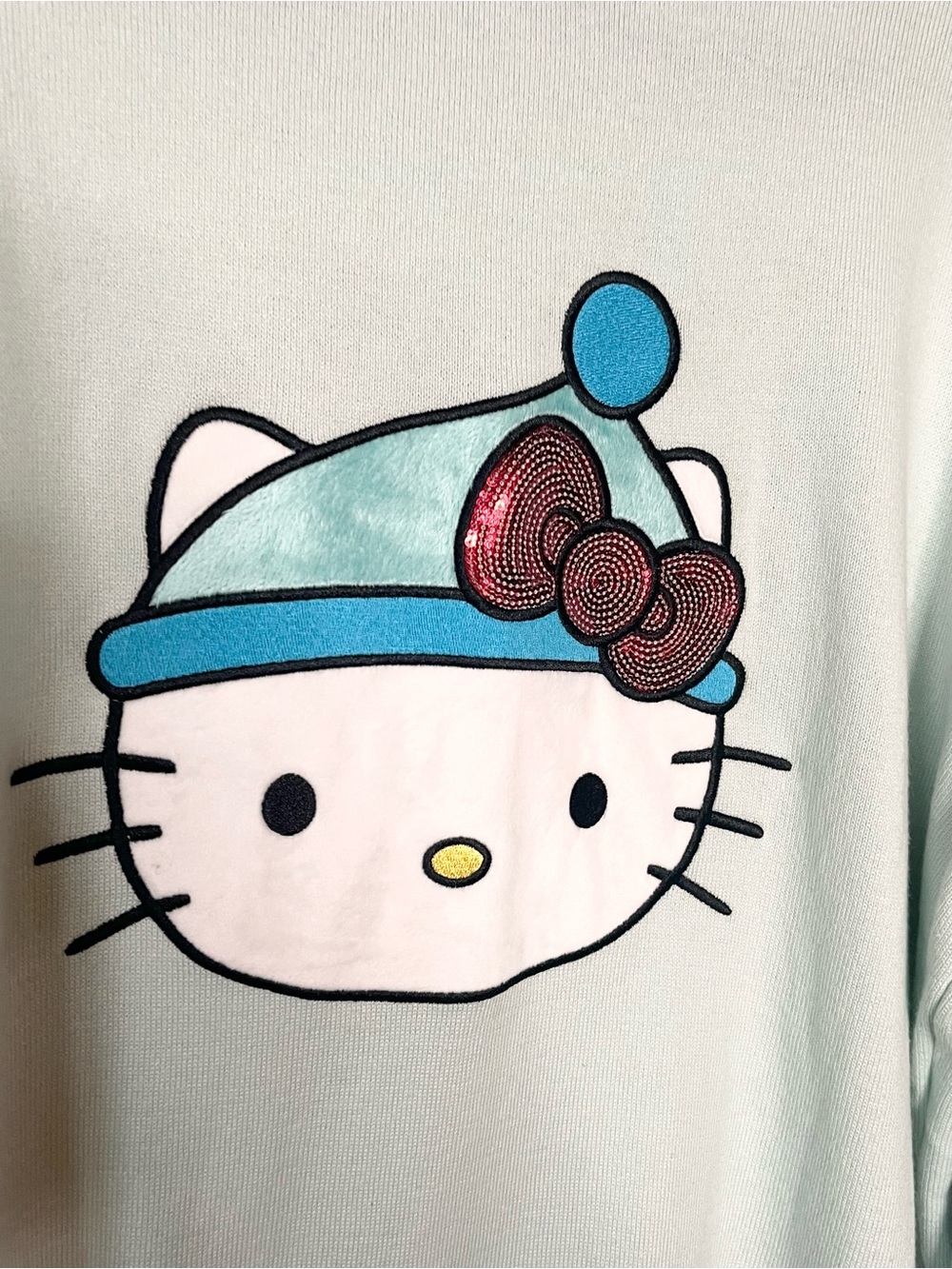 HELLO KITTY x AEROPOSTALE Mint Knit Sweater Sequin Bow Graphic Size L NWT - Picture 4 of 7
